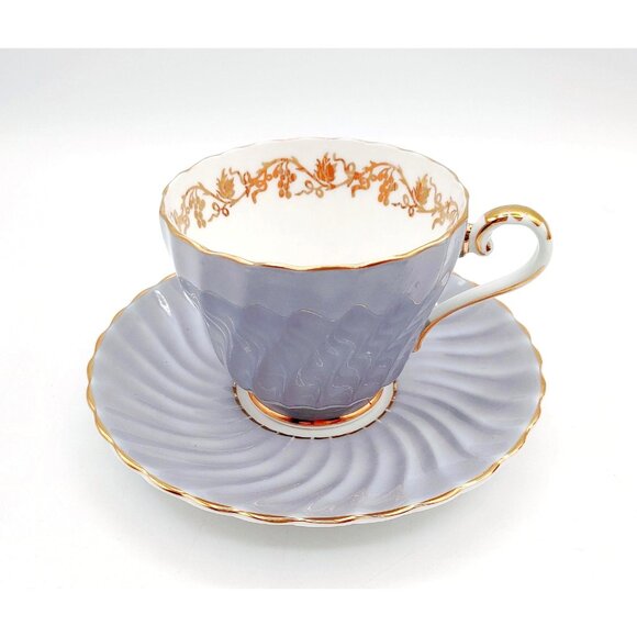 Aynsley Bone China Teacup and Saucer, Gray Swirl - Picture 1 of 13